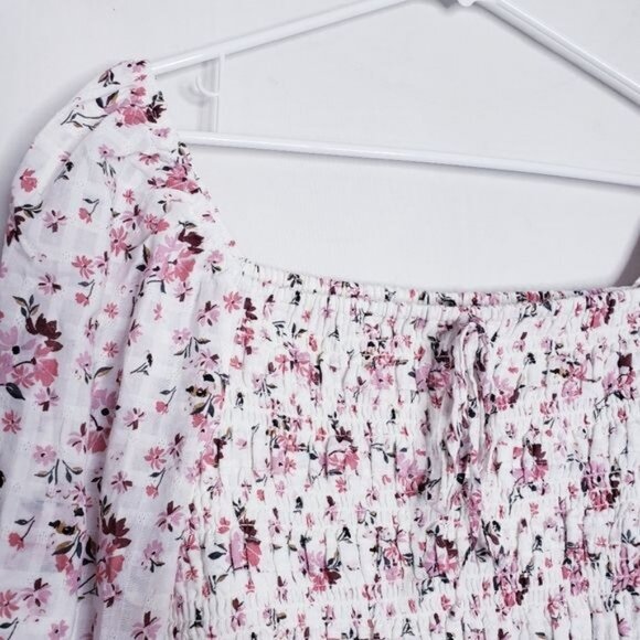 American Eagle White & Pink Floral Smocked Crop Bodice Blouse Top Womens Size XL - Picture 3 of 9